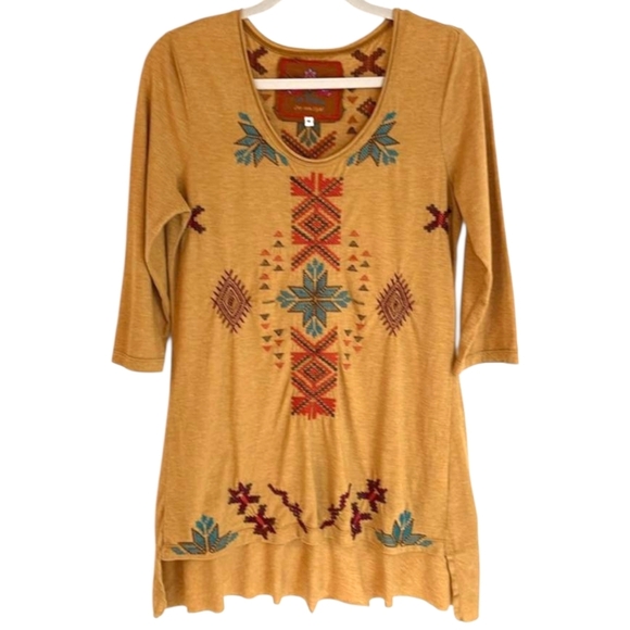 JOHNNY WAS Gillian Tunic Mustard Boho Southwestern Embroidered Top Women‎ Medium - Picture 2 of 9